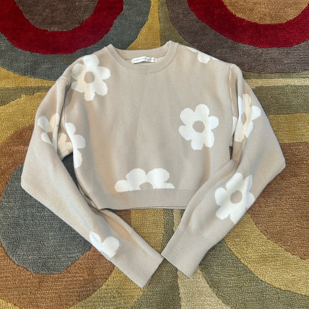 Altar'd State Beige Floral Crew Neck Sweater